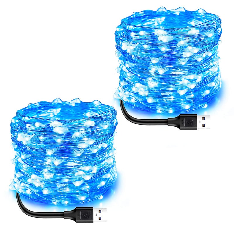 Blingstar USB Powered Fairy Lights, 2 Pack 33Ft 100 LED, Flexible Silver Wire, Mini String Lights for Indoor Christmas Tree/Halloween/Bedroom/Dorm/Party Decoration, Blue - Image 1
